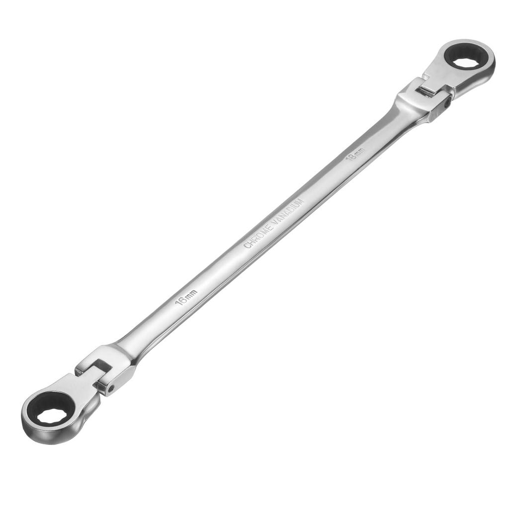 uxcell Flex Head Metric Wrench 16 x 18mm 72 Teeth Ratchet Ring Spanner Movable Flex Head Steel for Garage Repair DIY Silver Extra-Long Double-Ended