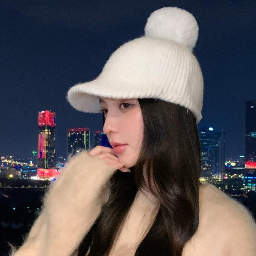 Thermal Knitted Baseball Cap Solid Color Ear Protection Hat Pompom Plush Beanie Outdoor Activities
