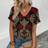 Модная популярная женская футболка с цветочным узором, элегантная женская футболка с V-образным вырезом, женская футболка с коротким рукавом в стиле ретро для отдыха