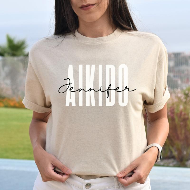 Personalized Aikido Unisex Tshirt Custom Name Aikido Martial Arts Sand Blue Pin