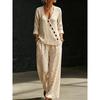 Bohemian Brown Bottom Palm Leaf Print V-Neck Plaid Shirt Wide Leg Pants Two-piece Women's Casual