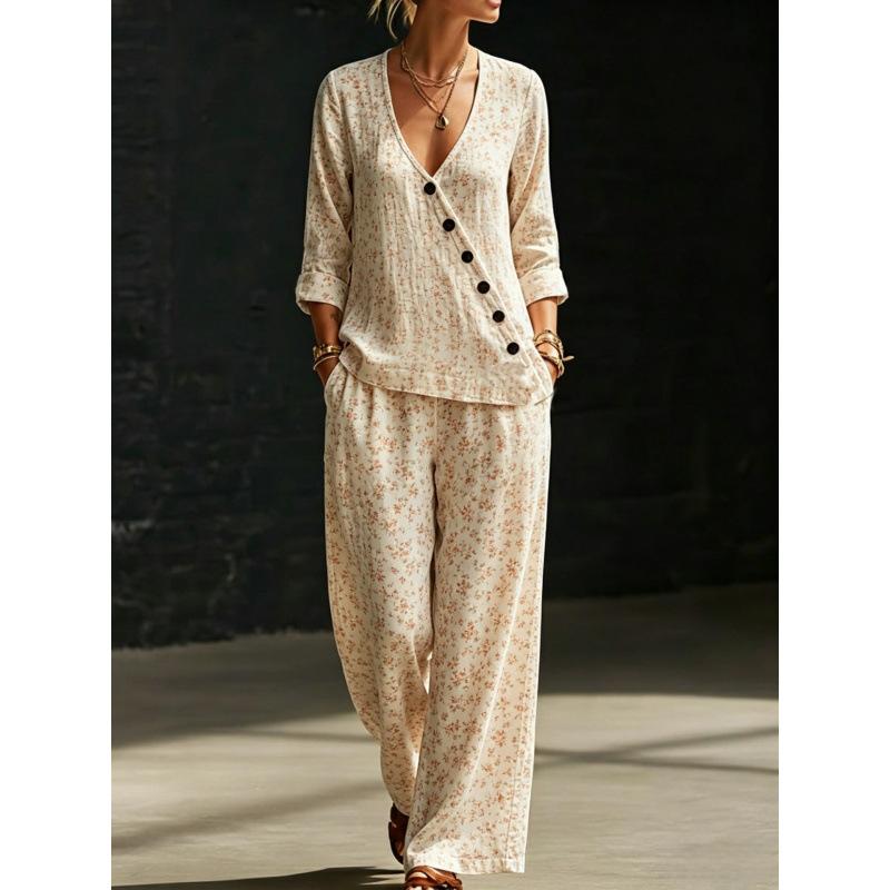 Bohemian Brown Bottom Palm Leaf Print V-Neck Plaid Shirt Wide Leg Pants Two-piece Women's Casual