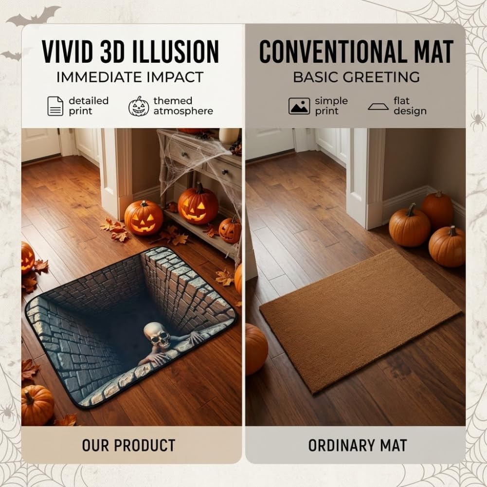 Halloween 3D Rug Spooky Skeleton Illusion Floor Mat For Home Decor Non-Slip Floor Skeleton Mat For Bedrooms Living Rooms Entryways And Parties