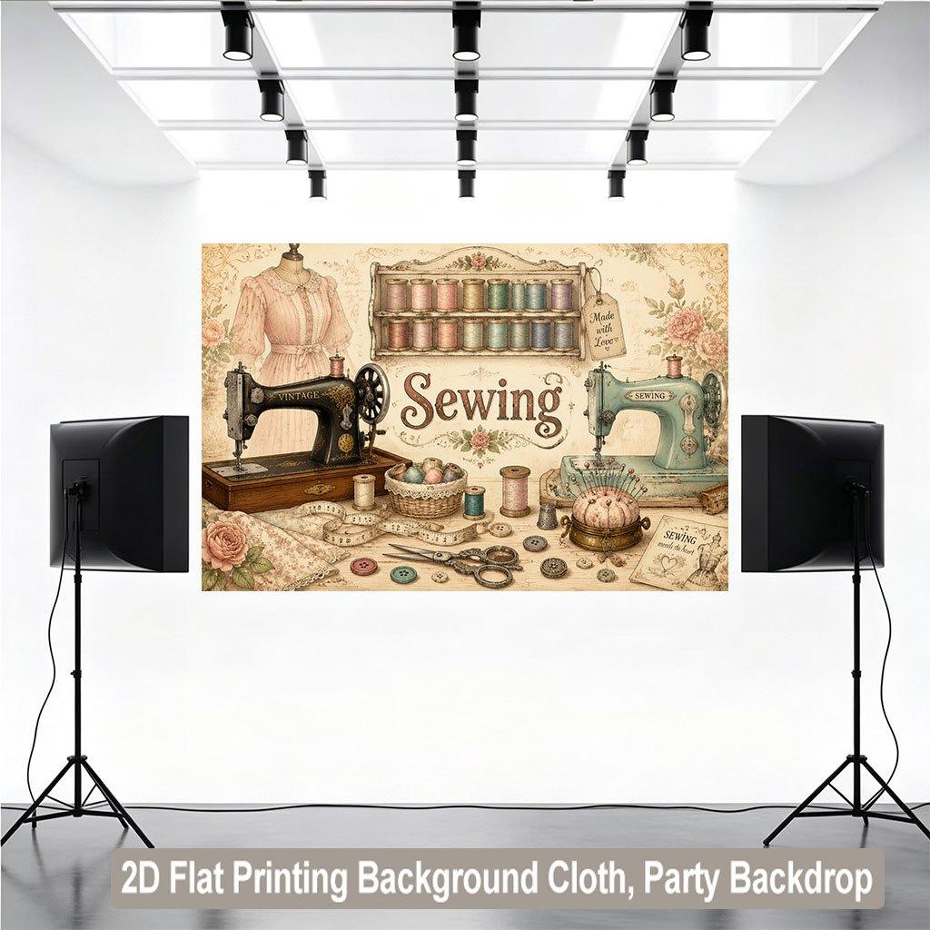 1 piece of 2D flat background fabric, vintage sewing machine and related tools display background banner, suitable for 2D DJH