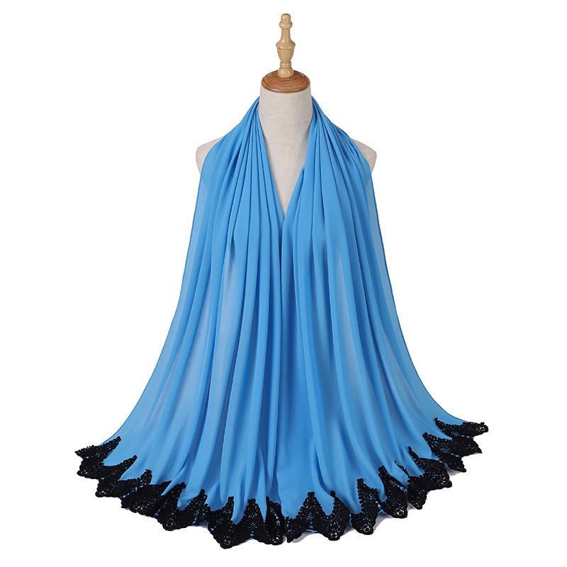 Новый жемчужный шифон Малайзия Мода Черные кружевные шарфы Мусульманский шаль Однотонный мягкий тюрбан Повязки на голову