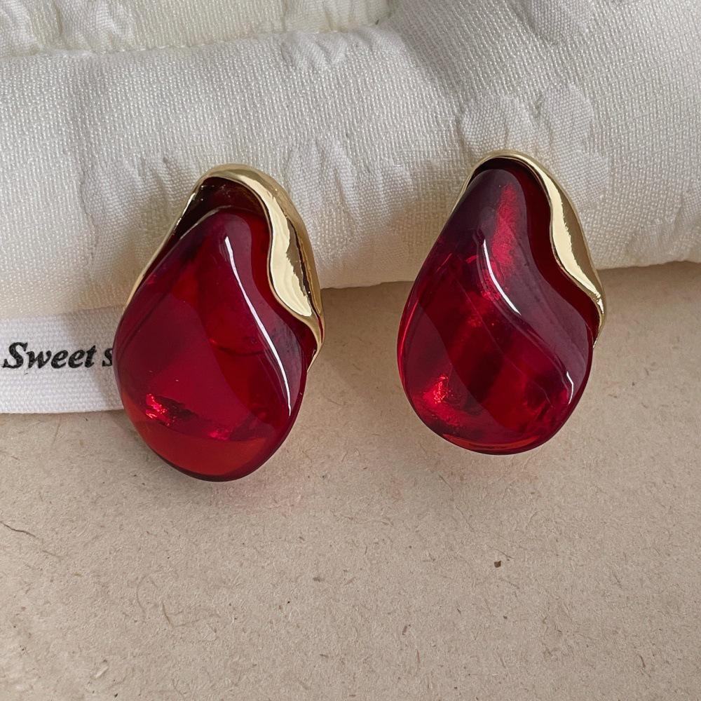 Amber Resin Stud Earrings for Women - Light Luxury Metal Patchwork, 2025 Design.