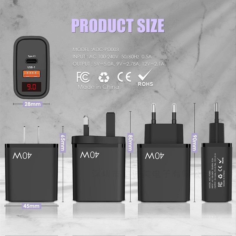 Зарядное устройство 20 Вт с цифровым дисплеем PD+USB | Быстрая зарядка QC 3.0 | Штекер EU/US/UK