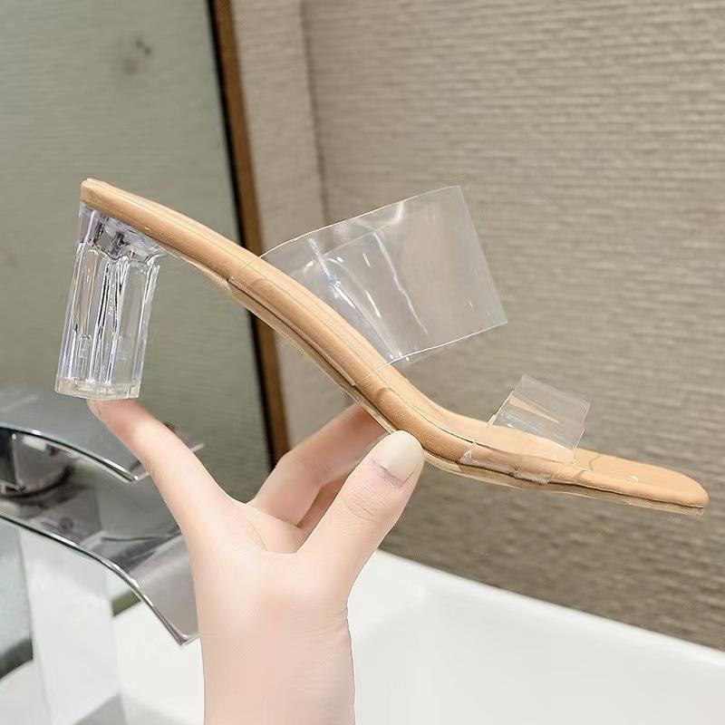 New Summer Transparent Heel High Heel Thick Heel Simple PVC Cool Slippers One Word with Open Toe Women's Shoes