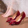 Red Wedding Shoes Women's Show Clothes Bride Shoes 2024 New Chinese Style Not Tired Feet Wedding Suede High Heels Stiletto