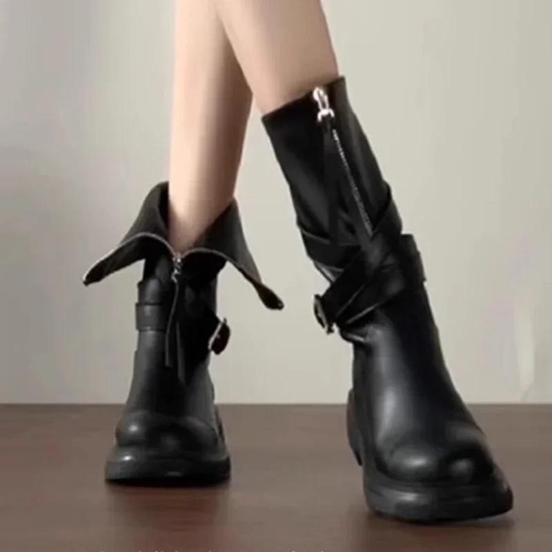 Зимние ботинки для женщин 2024 года, новые, с пряжкой на ремне, с круглой головкой, с толстой подошвой, для активного отдыха, модные женские ботинки