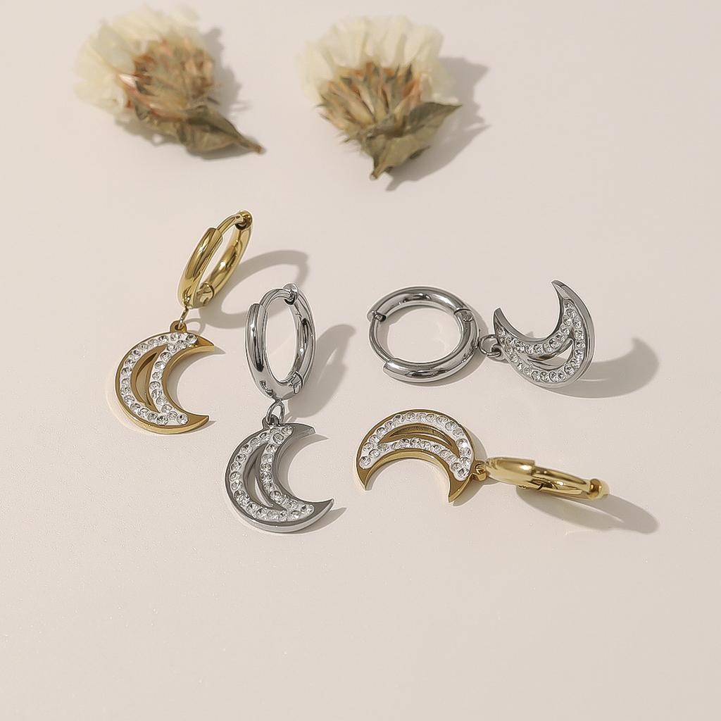 Гладкие серьги-пусеты из титановой стали с инкрустацией цирконом в виде луны, нишевые, легкая роскошь, высококлассные серьги из нержавеющей стали для женщин