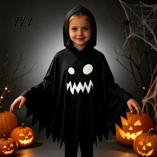 Black And White Ghost Cloak Halloween with Hood, Loose Fit Irregular Hem Costume Party Attire for Cosplay Party, Spooky Pullover Cape Kids Adults