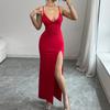 Women Evening Party Strap V Neck Satin Solid Color Package Hip High Split One Piece Dress