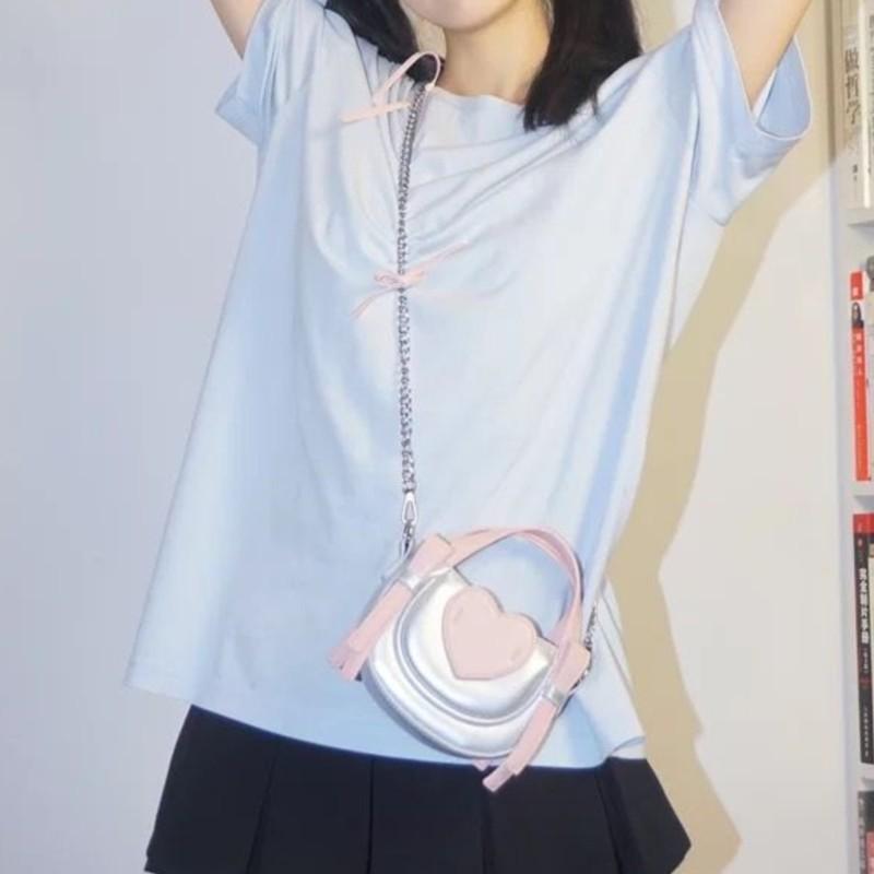 Silver Heart Chain Crossbody Designer Mini Bow Shoulder Bag Women Fashion Handbag Ladies Versatile Lipstick Purses Y2k Aesthetic