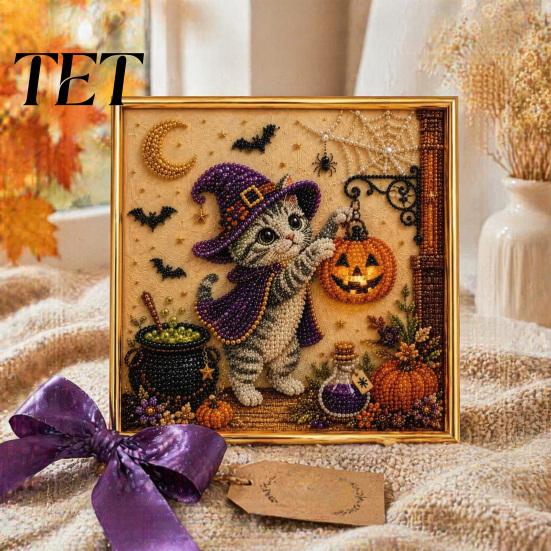 Family Fun Handcrafts Halloween Cat Faux Pearl Painting Art Kit, Spooky 3D Beads Creative Gift Crafts, Cute Witch Gem Wall for Adults, Craft