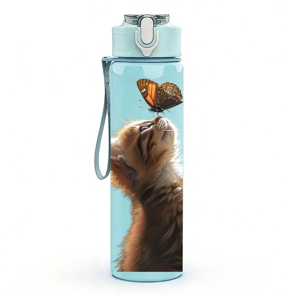1PC Curious Cat Back View Animal Print 750ml Color Plastic Sports Water Bottle Leakproof Flip Straw Lid Suitable for Sports Office Home Use