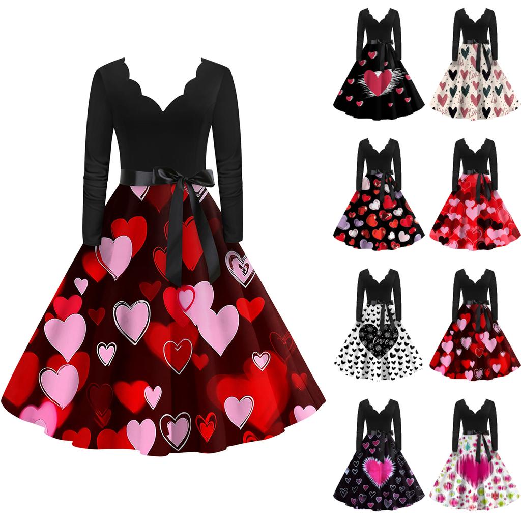 Стильное и элегантное женское платье с длинными рукавами и V-образным вырезом в форме сердца ко Дню святого Валентина