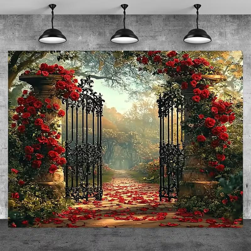 2D Red Rose Garden Gate Backdrop Wedding Photography Background