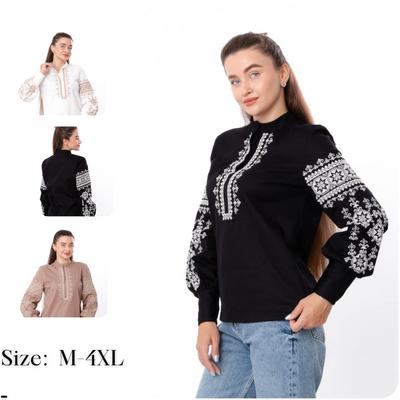 Блузка – Жекая льняная рубашка с вышивкой, рукавами-буфами и высоким воротником, на любой сезон 8409-132-22 HC