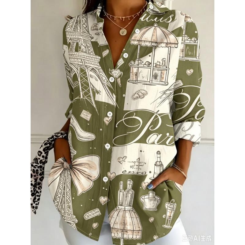 Women's Long Sleeve Button Down Shirt Paris Eiffel Tower Print Casual Loose Blouse Tops, Multiple Colors Available