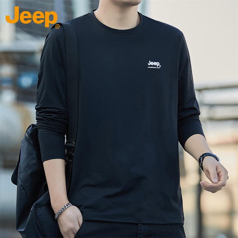 JEEP Men's Long-Sleeve T-Shirt, Loose Casual Round Neck Undershirt Top for Spring And Autumn, Black, Size L