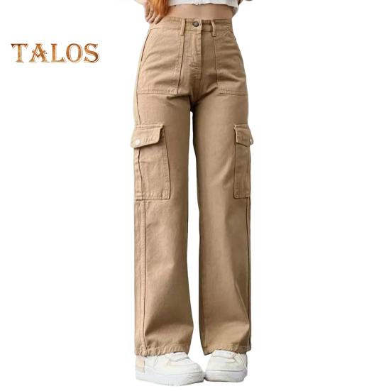 Женские брюки-карго со средней посадкой, застегивающиеся на молнию на талии, повседневные брюки с множеством карманов, прямые, свободные, однотонные длинные брюки