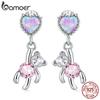 Bamoer 925 Sterling Silver Love Bear Stud Earrings for Women Cute Pink Pendant Drop Earrings for Girl Shining Heart Fine Jewelry