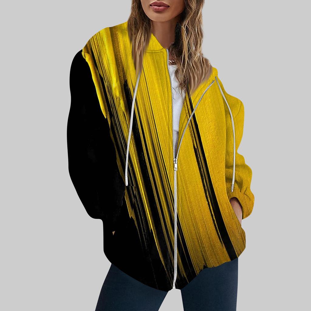 Women's Fashion Casual Printed Sweatshirt Long Sleeve With Pocket Cardigan Jacket Zipper Hoodie Coat