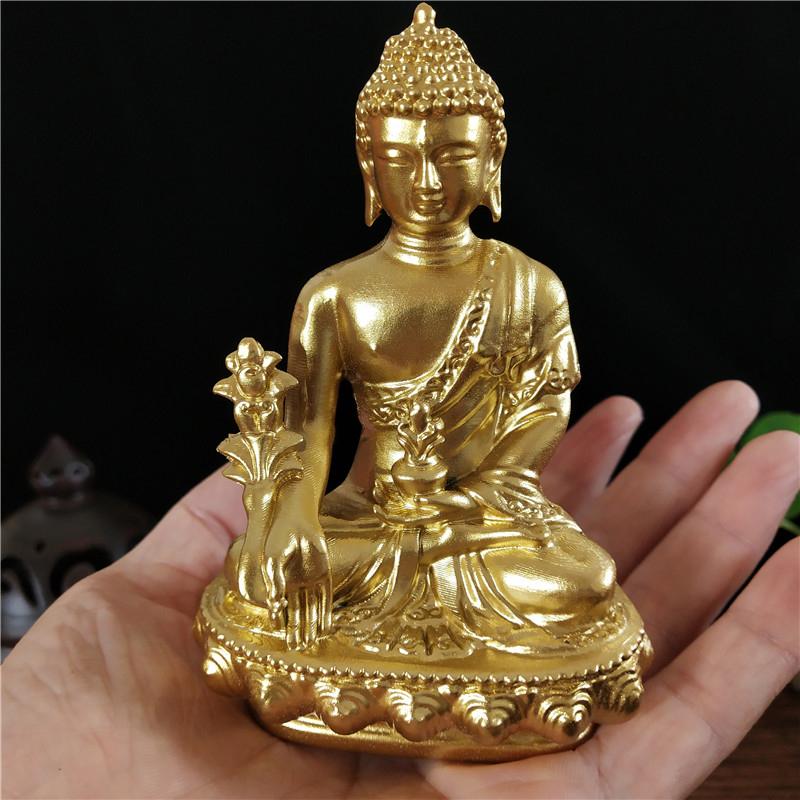 Золотая статуэтка Будды Медицины с украшением-ожерельем, смола, Фэн-шуй, Счастливый Будда, скульптура, украшение для дома, офиса, сада, подарки