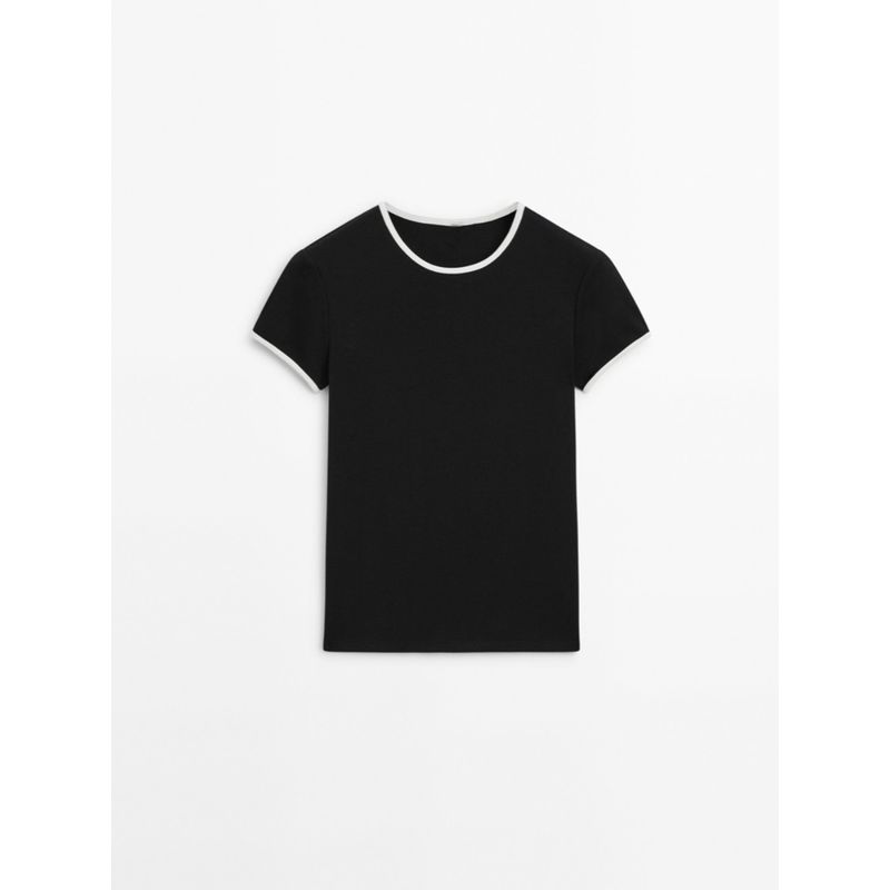 Za2024 Summer New Product Women's Clothes Casual Silm Contrast Color Round Neck Shoulder Short Sleeve T-shirt 06808918 250