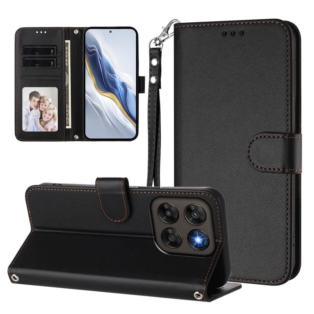 Wallet Case for Moto G67 5G - Leather/PU, Black, With Lanyard
