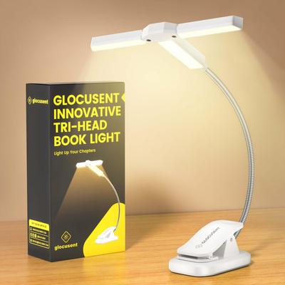 Glocusent 3-ламповая книжная лампа с 3 цветами и 5 настройками яркости, бесступенчатое затемнение и регулировка цвета, перезаряжаемая лампа для чтения 1000 мАч с