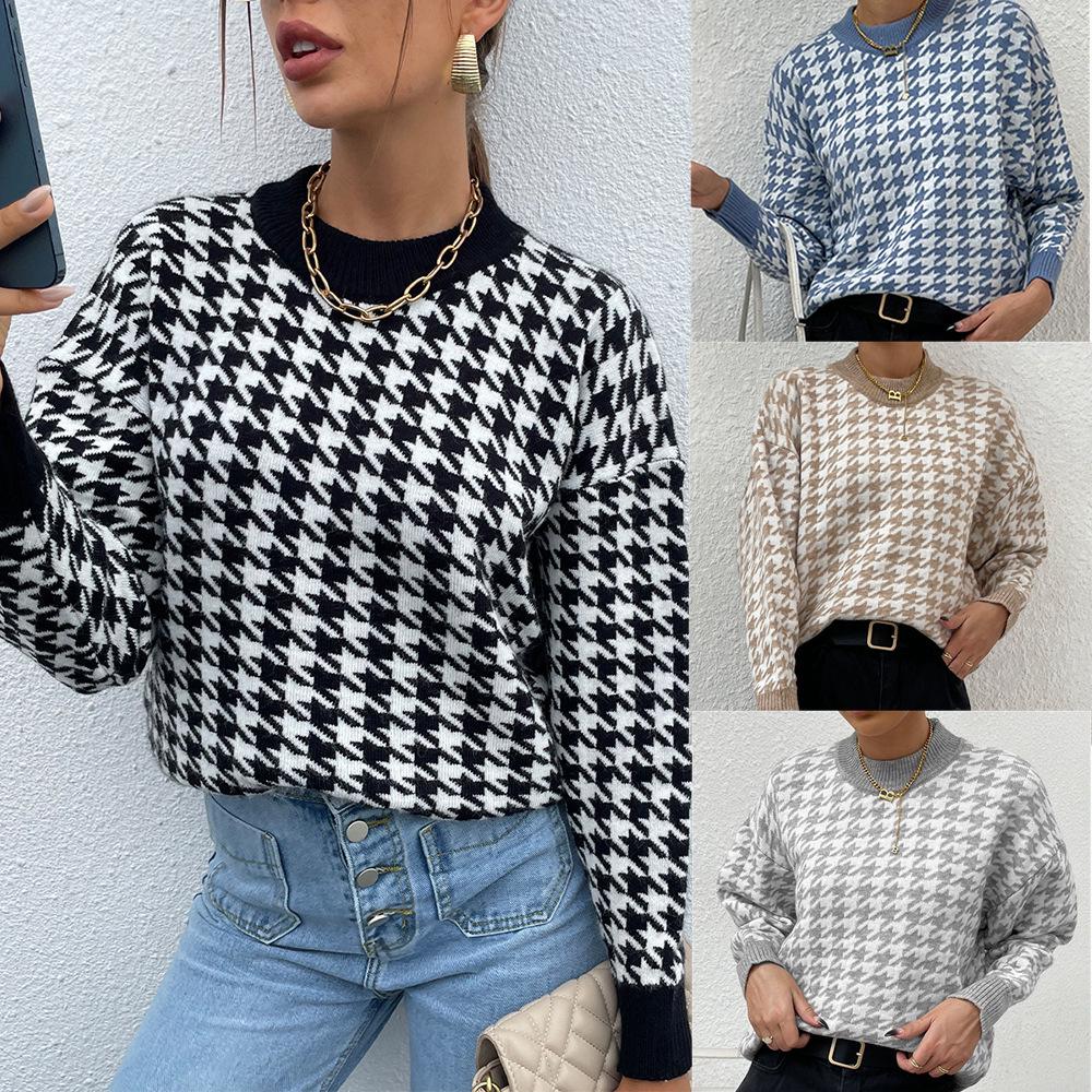 Autumn/Winter Women's Houndstooth Diamond Knit Sweater Pullover