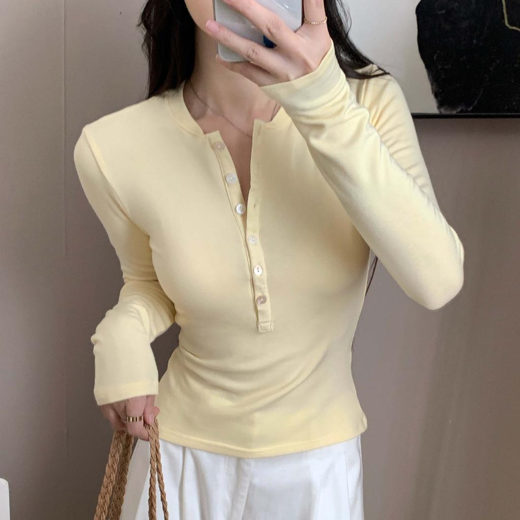 Women S Long Sleeve Knit Top Half Button Henley Neck Slim Fit Base Layer
