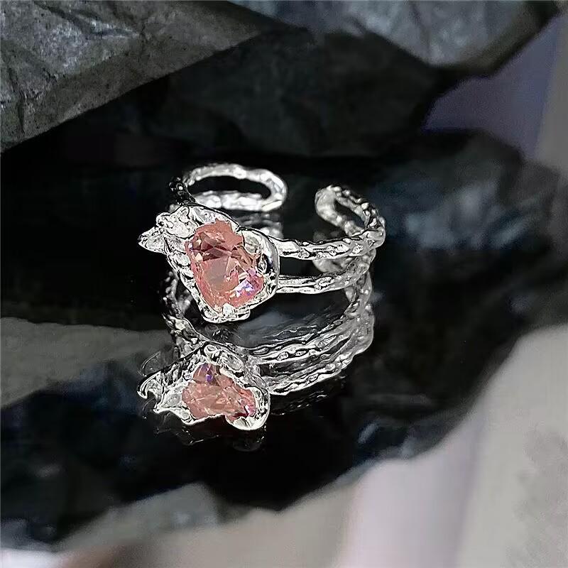 Trend Pink Love Heart Rings for Women Zircon Open Ring Irregular Rings Jewelry