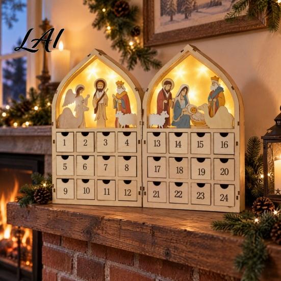 Christmas Countdown Activity 24 Days Wooden Nativity Advent Calendar with LED Lights Foldable Decorative Storage Box Calendar House Shape