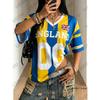 Summer New Stripe England Print T-shirt For Women Short Sleeve Patchwork V-Neck Tees Sports Football Jersey Y2K Oversized Tops