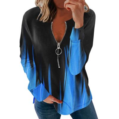 Женская модная повседневная футболка с длинным рукавом и воротником-молнией и топ