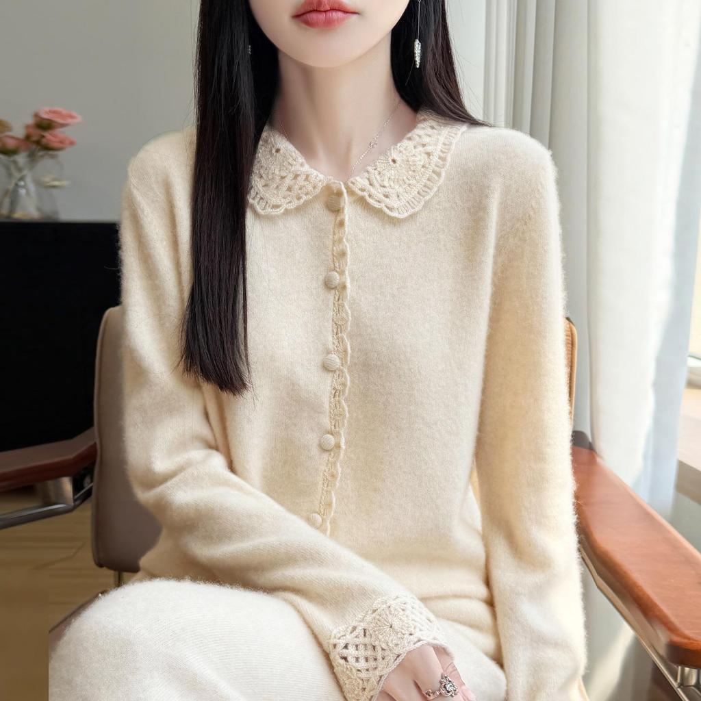 Autumn/Winter 2026 Pure Wool Polo Neck Crochet Knit Cardigan Sweater