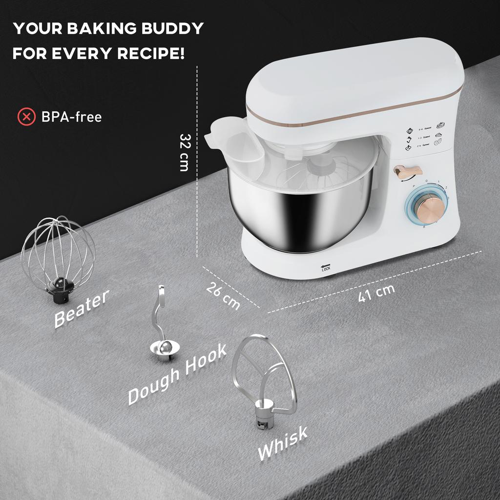 Stand Mixer, 5L Food Mixer for Baking, 6 Speeds and Pulse Setting, 1400W Cake Electric Kitchen Mixer with Dough Hook, Whisk, Stainless Steel Bowl