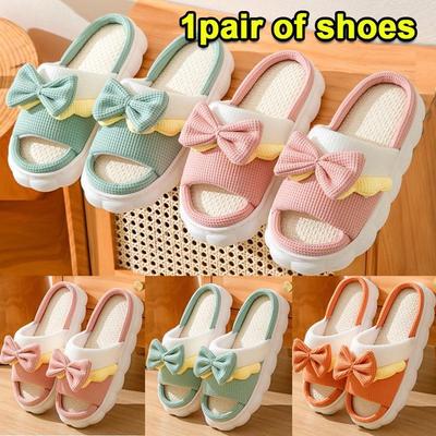 Женские тапочки, женские осенне-зимние домашние тапочки с бантом и толстой подошвой, домашние нескользящие домашние тапочки из хлопка и льна четырех сезонов