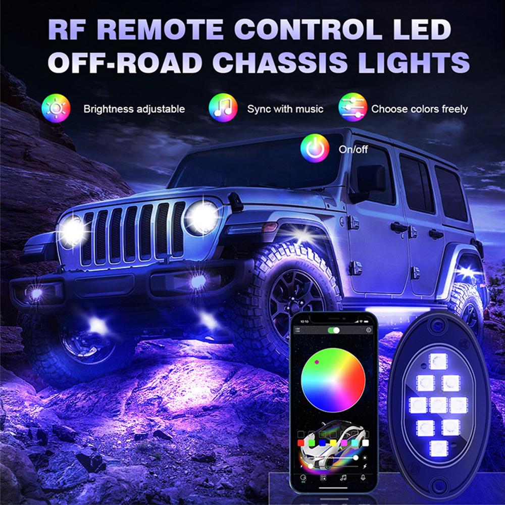 4/6/8/10/12Pods RGB LED Rock Lights Kit Bluetooth APP Control  Music Neon Car Underglow Lamp for Offroad Truck SUV 4x4 ATV Boat