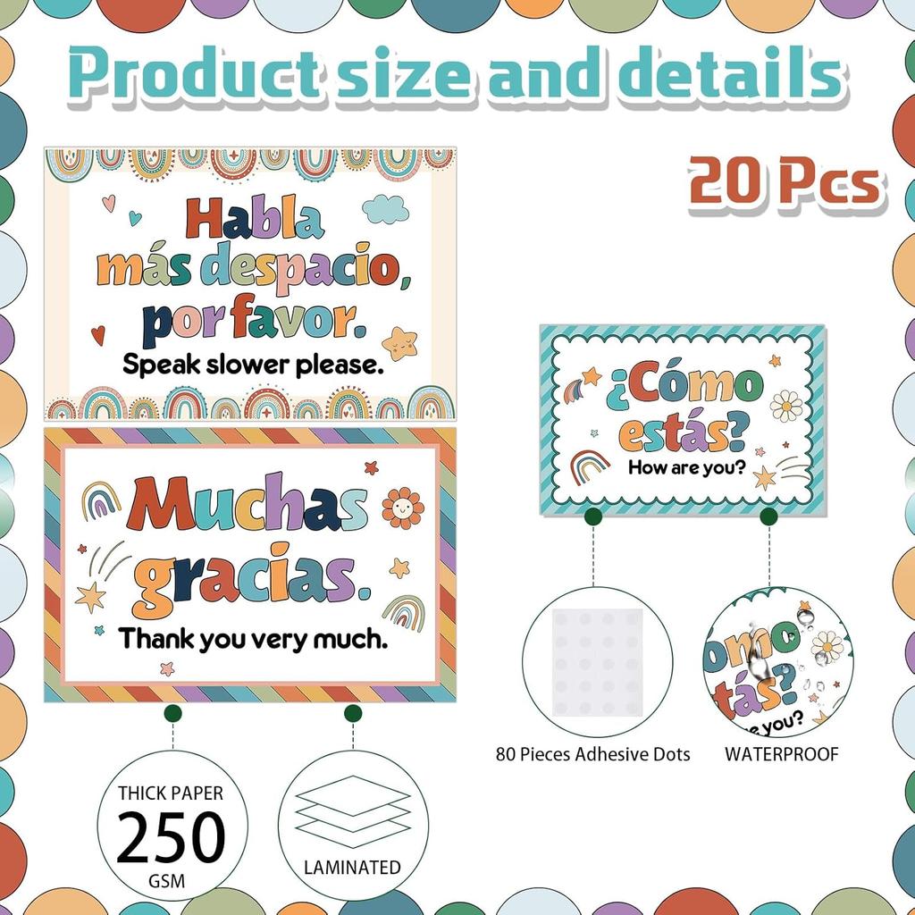 Pajean 20 Pcs Spanish Posters Spanish Phrases Classroom Decorations Boho Spanish English Bulletin Board Bilingual Educational Posters Language Study