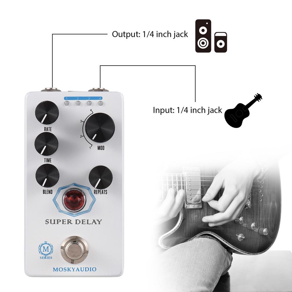 MOSKYAUDIO SUPER DELAY Guitar Delay Effects Pedal Blend/Time/Rate/Repeats/4-Mode Knob DC 9V 6.35mm