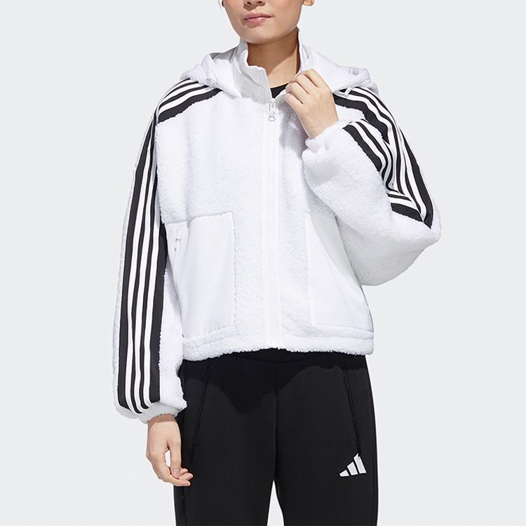 Adidas Color Block Sherpa Warm Casual Hooded Jacket Women Jackets Han-Jade-White GM1424
