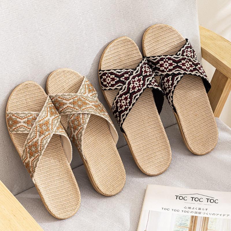 Летние ретро-модные женские нескользящие льняные тапочки