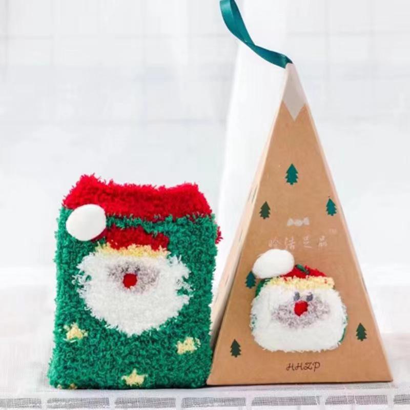 3D Cartoon Coral Fleece Christmas Socks for Adults & Kids, Half-Velvet with Acrylic Ball Design