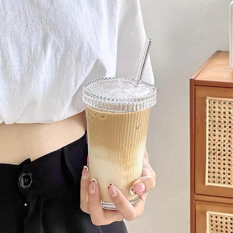 Кружки для кофе Молочная чашка Стеклянная кружка в полоску со straw Питьевая кружка Стакан для сока Стеклянный материал для любого случая
