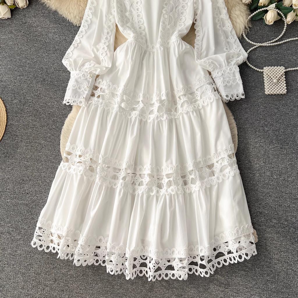 Autumn Holiday Embroidery Hollow Out Dress Women's Lantern Sleeve O Neck Lace Trims Solid Color Evening Party Midi Dresses