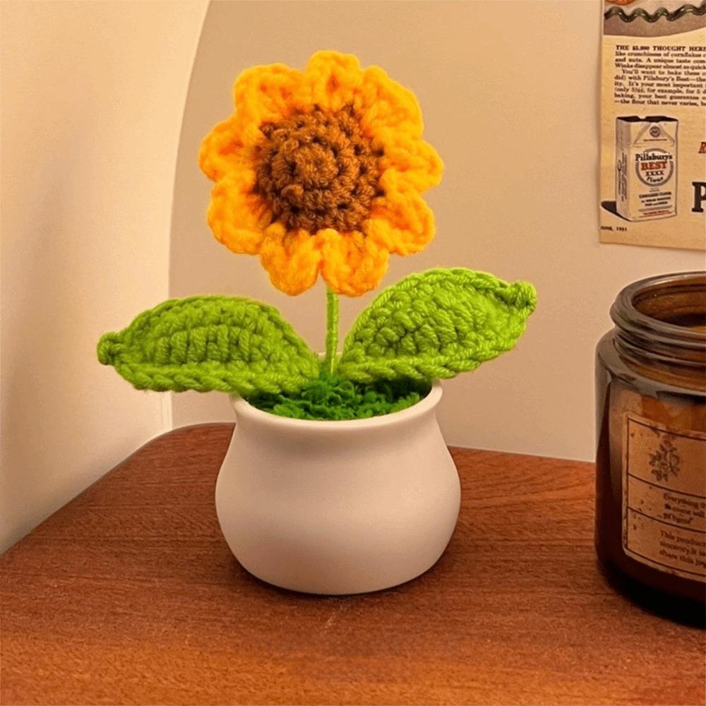 Hand Knitted Crochet Flower Doll Potted Plant Handmade Sunflower Potato Doll Artificial Flower Forget-me-not Wool Knitting Doll